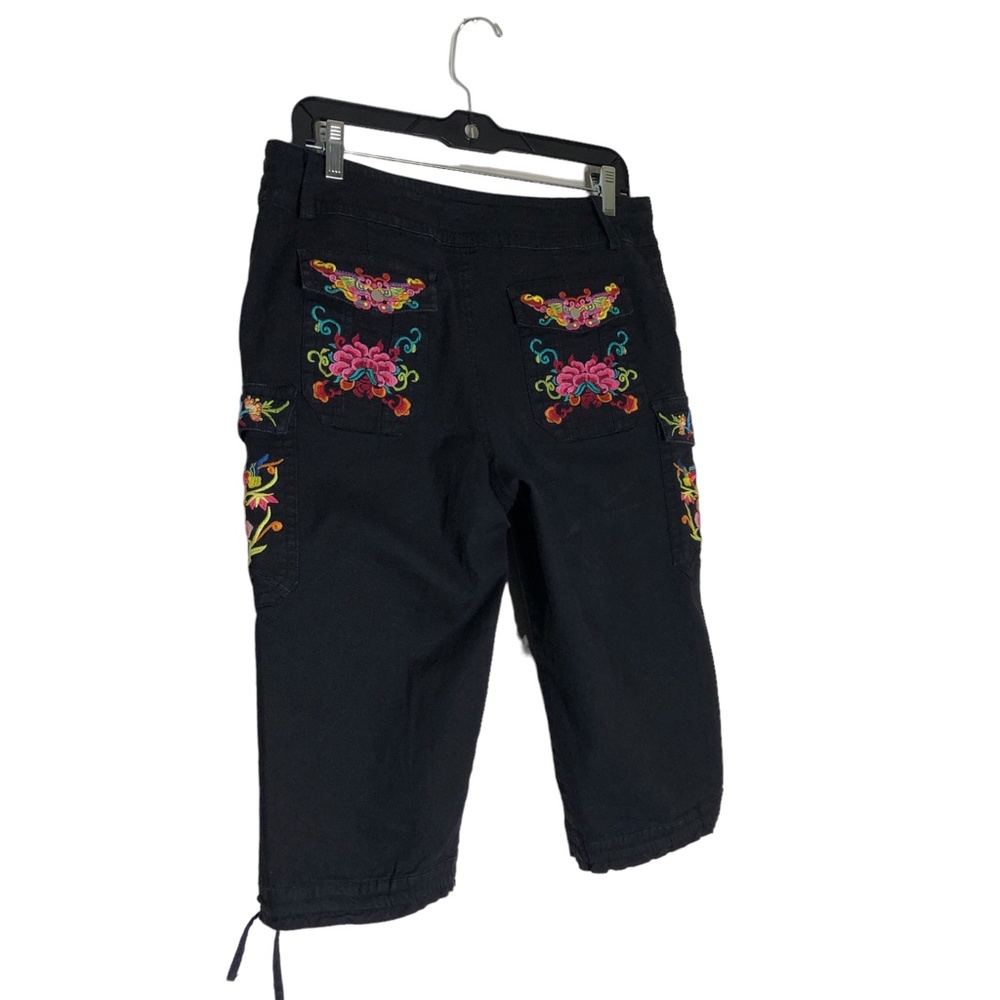 2 Friends Black Embroidered Crop Adjustable Drawstring Leg Capri Pants Size 10 - Picture 5 of 11